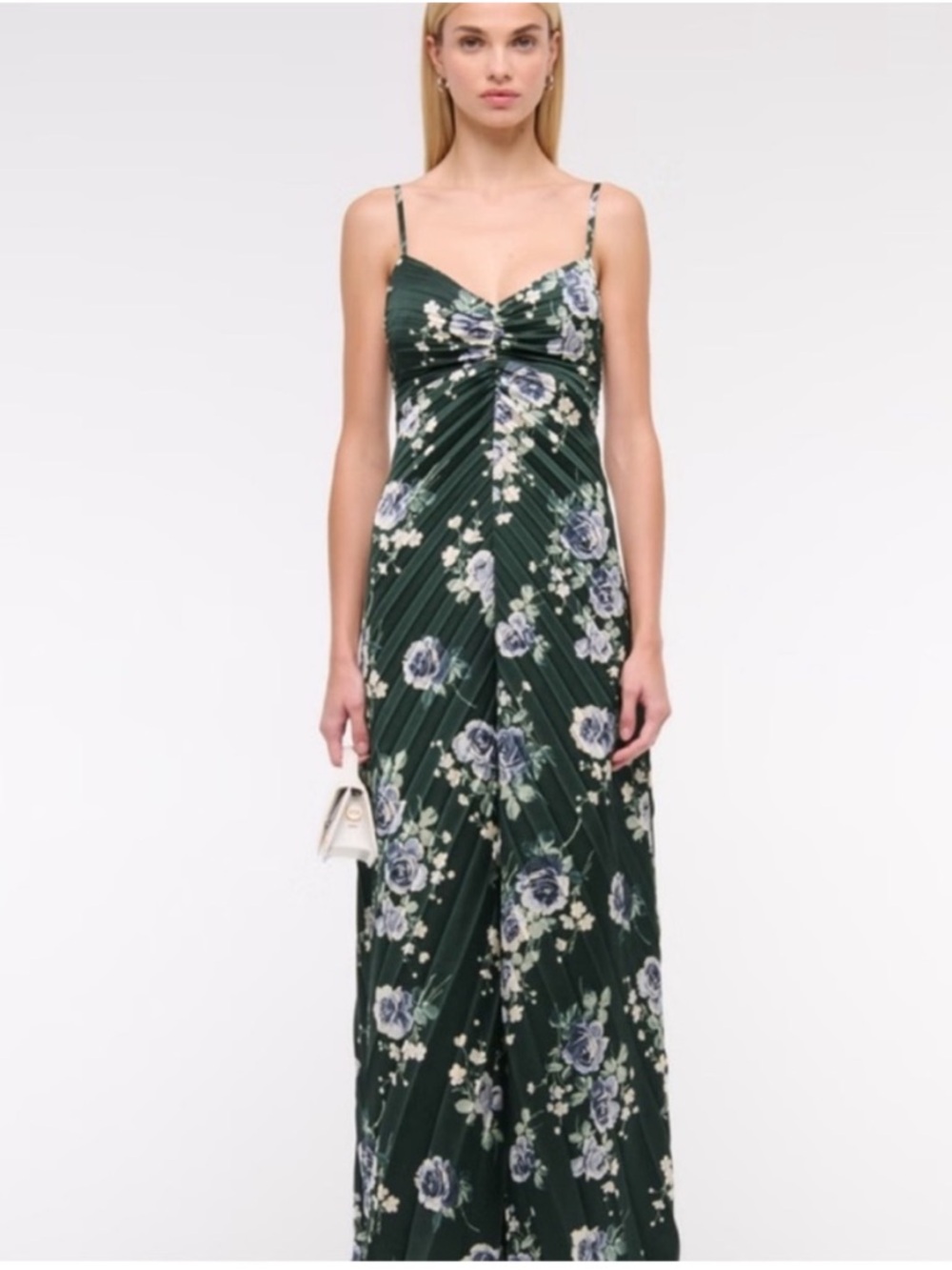 Abercrombie & Fitch Dark Green Floral Giselle Sunburst Pleated Maxi Dress.